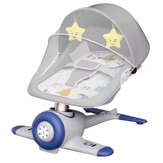 كرسي هزاز للأطفال كهربائي مع موسيقى وتحكم عن بعد تصميم طائرة فريد ومريح